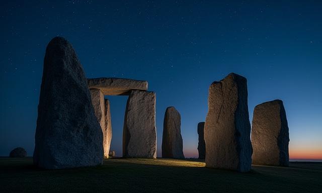 Stonehenge or similar ancient monolith observatory at dusk