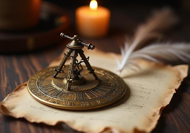 Brass antique astrolabe on a wooden table with old manuscripts