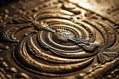 Golden engraved zodiac wheel showing symbolic figures