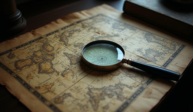 Antique celestial map with modern magnifying glass representing transparency