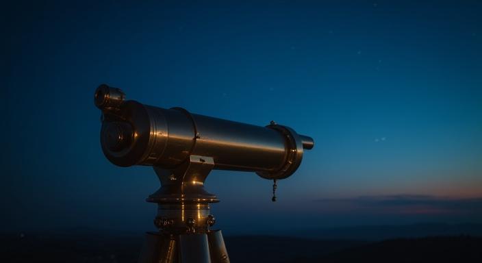 Vintage telescope pointing toward a twilight sky with a visible horizon