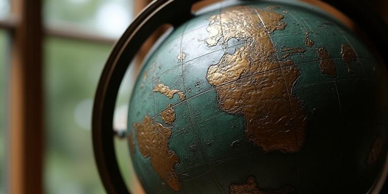 Close-up of a classical celestial globe statue reflecting historical study
