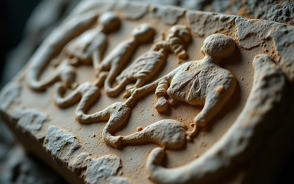 Close up of a Roman stone relief depicting the zodiac wheel with weathered textures