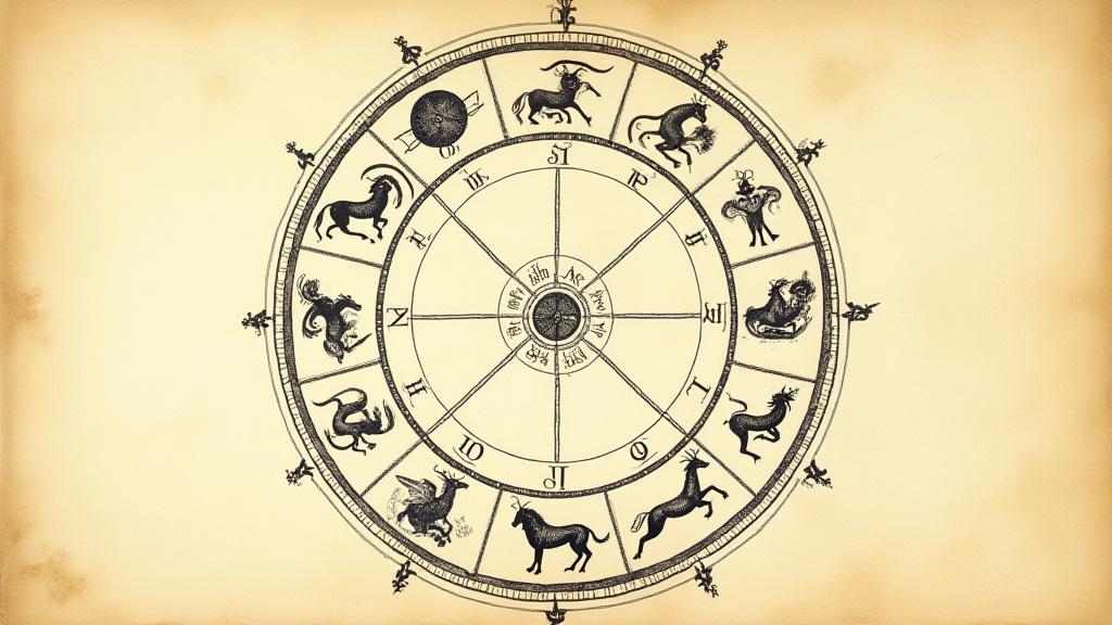 Ancient celestial map showing the twelve zodiac archetypes in a woodcut style