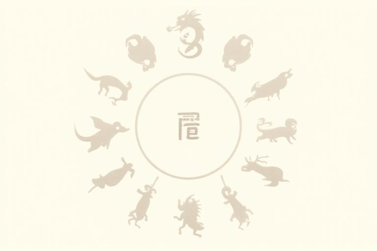 Traditional ink drawing of the twelve Chinese zodiac animals within a lunar chart